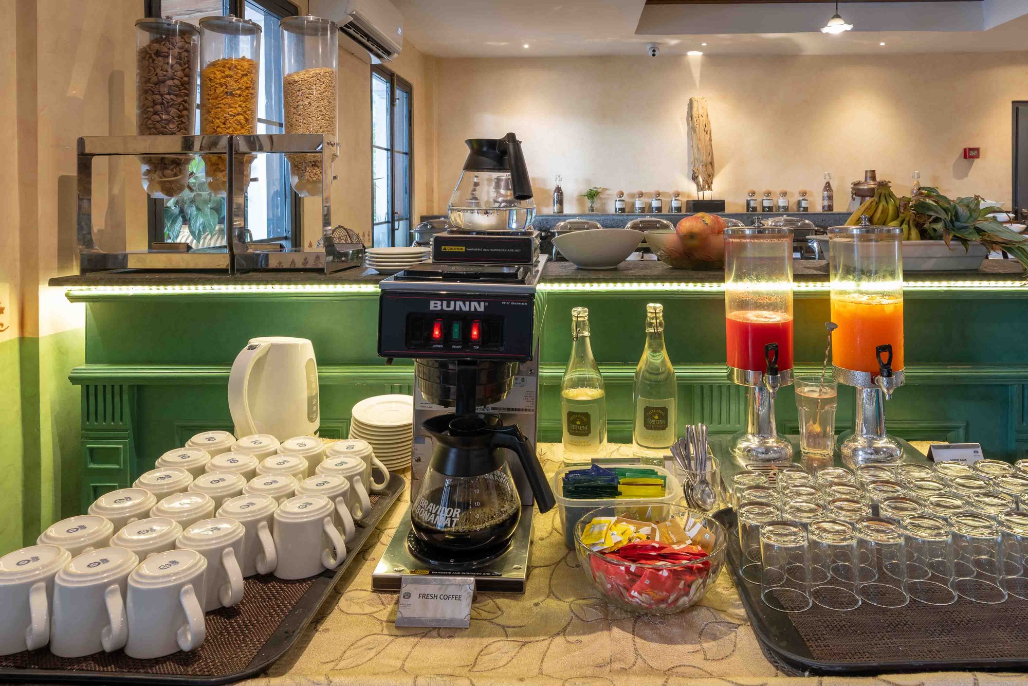 The all-day breakfast buffet at Chiya Pasal with fresh coffee, cereals, and juices