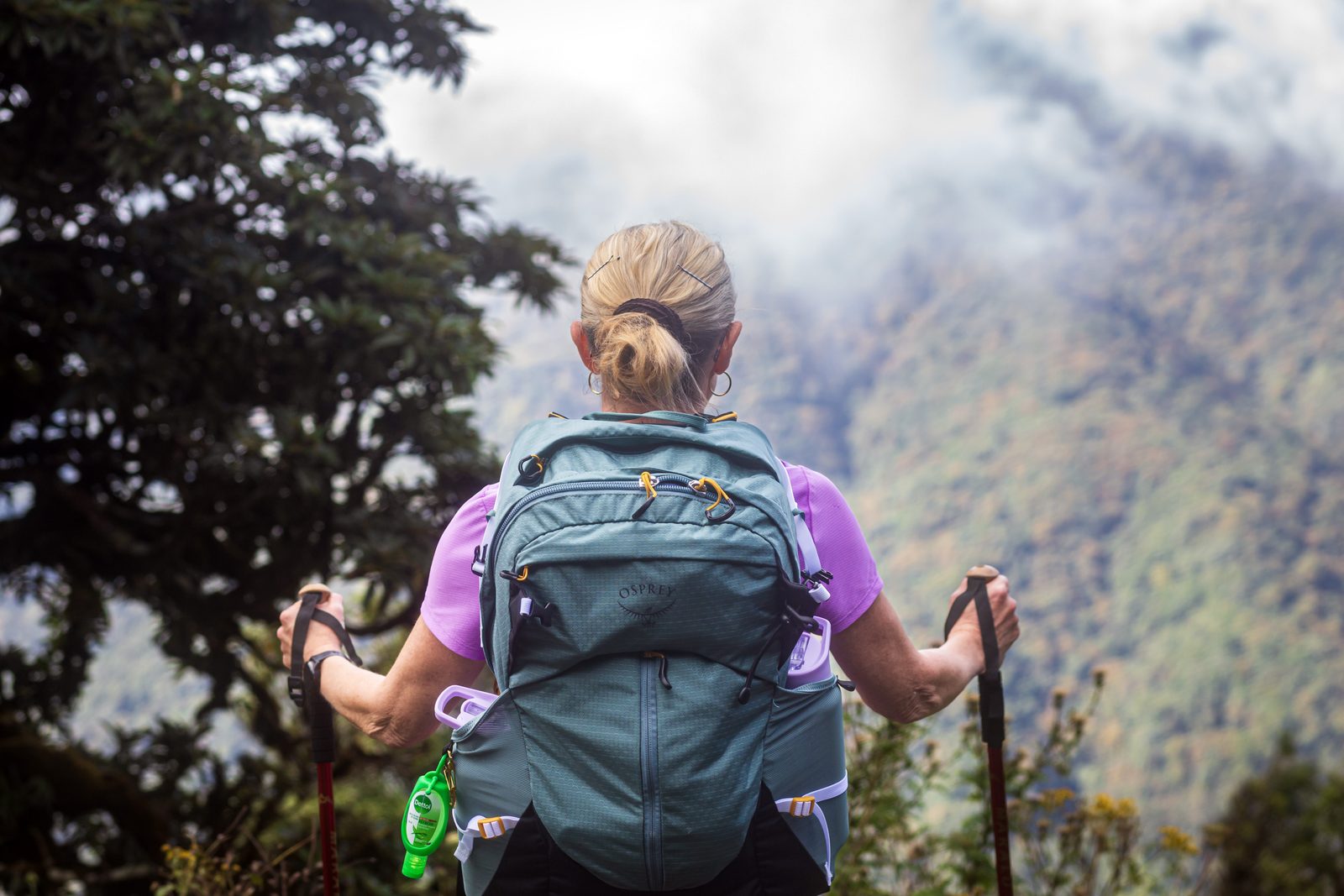 A trekker with poles pausing on a forest trail as cloud rolls across the ridge above Kathmandu Valley